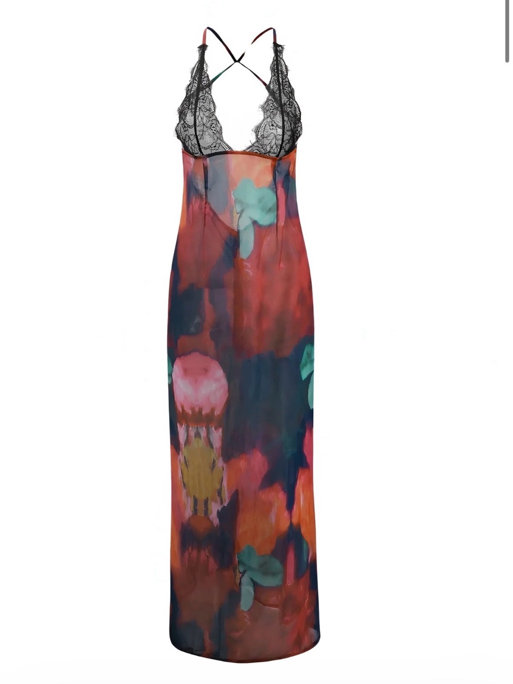 Floral Watercolor Maxi Slip Dress with Black Lace Bodice